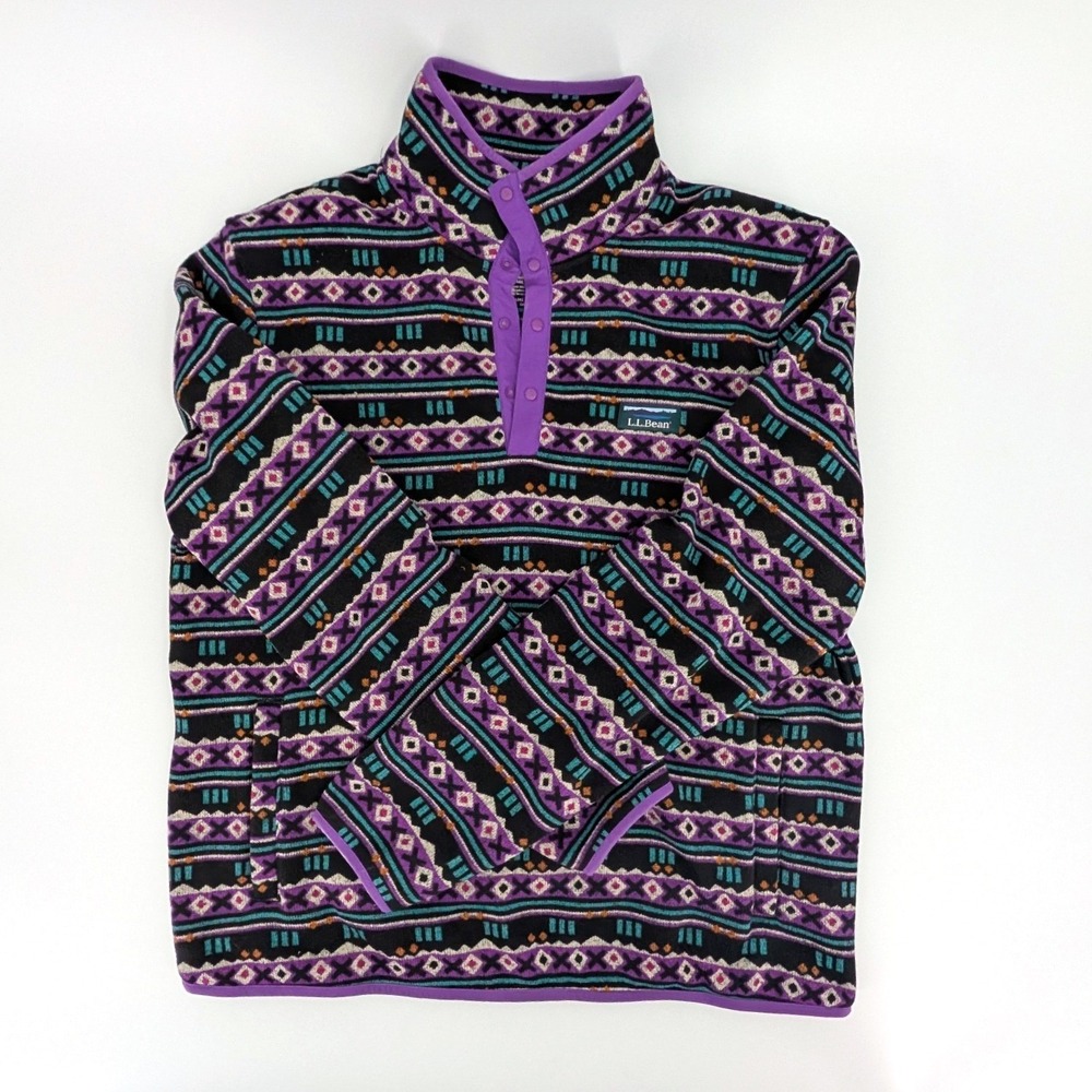 LL Bean Mens Fleece Pullover Snap Neck Southwestern Geometric Purple Large